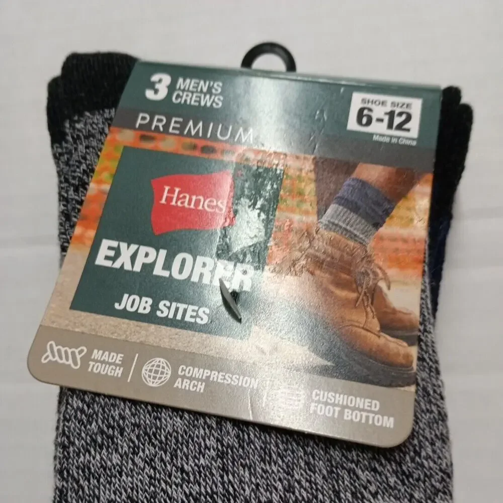 Hanes 3 Pairs of Explorer Job Sites Cushioned‎ Crew Socks size 6-12 NEW